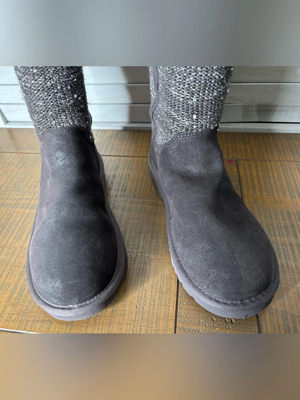 UGG Australia Camaya Tall Suede Sequin Knit Sweater Boots Gray Size 8
